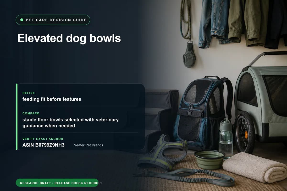 Editorial buying worksheet for elevated dog bowls showing fit, compatibility, ownership checks, and the simpler alternative