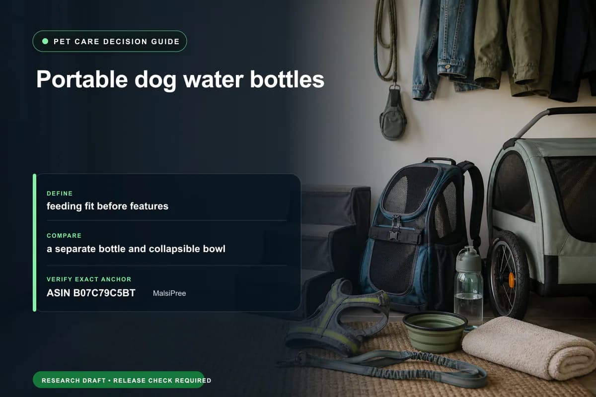 Editorial buying worksheet for portable dog water bottles showing fit, compatibility, ownership checks, and the simpler alternative