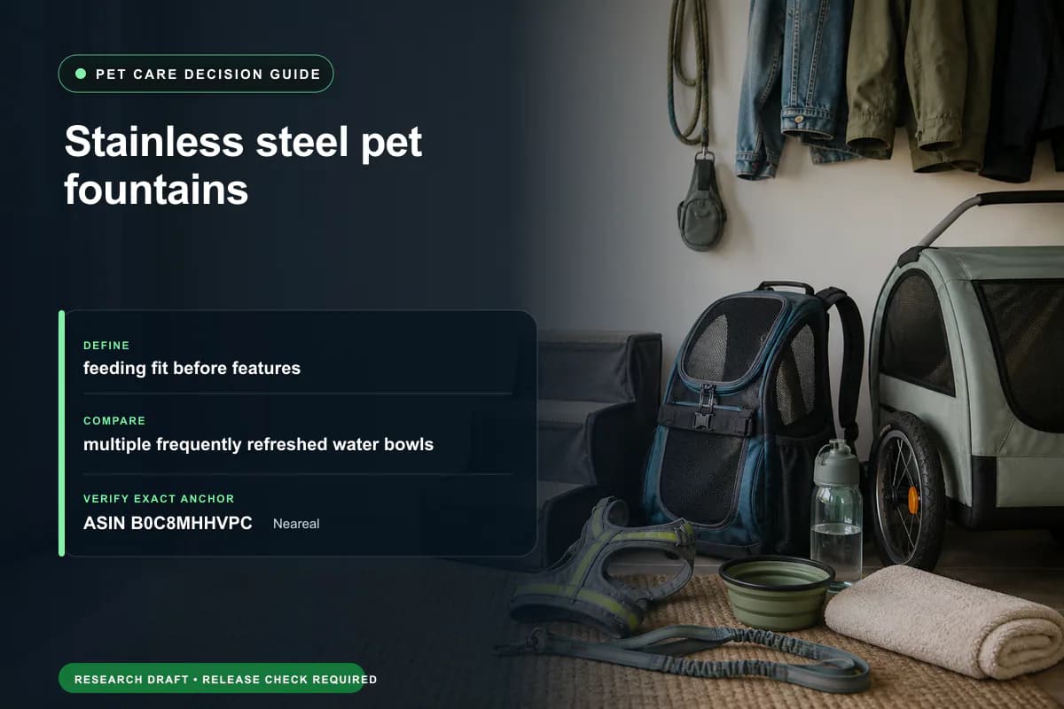 Editorial buying worksheet for stainless steel pet fountains showing fit, compatibility, ownership checks, and the simpler alternative