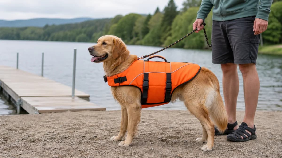 Editorial shoreline fitting scene with a dog wearing a bright life jacket, rescue handle, and reflective trim