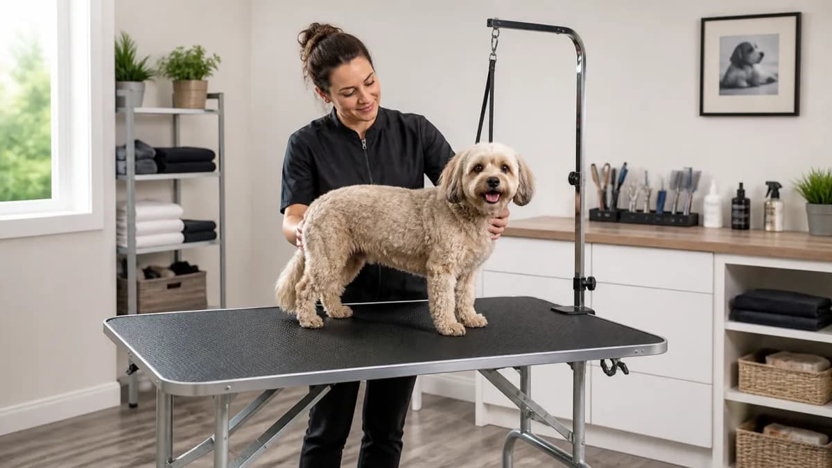 Editorial pet grooming workstation with non-slip table, adjustable arm, loop, clippers, brush, and handler positioned beside a small dog