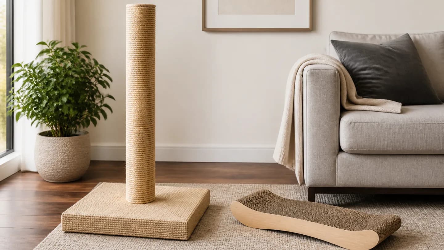 Editorial room corner with a tall sisal cat scratching post, full-stretch cat silhouette, wide weighted base, horizontal scratcher alternative, and furniture-side placement