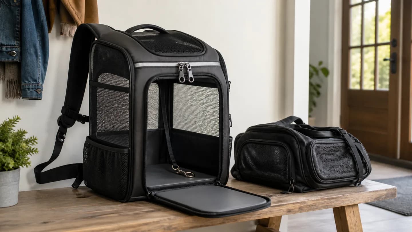 Editorial pet carrier backpack with a calm cat, measured internal floor and height, mesh ventilation panels, locked zippers, rigid base, and caregiver hip-belt fit