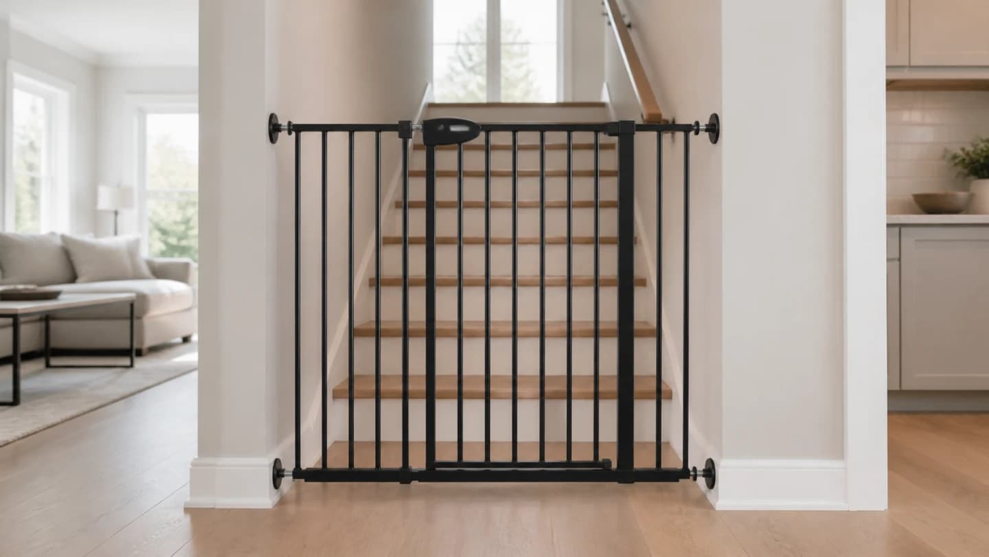 Editorial doorway with an extra-tall pressure-mounted pet gate, measured opening, wall cups, threshold bar, latch, small-pet door, and stair exclusion warning