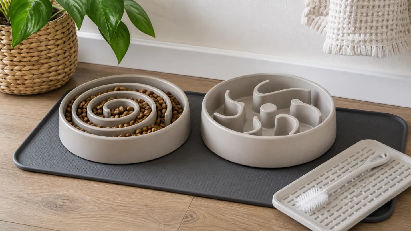 Editorial feeding station with a slow-feeder dog bowl, measured kibble portion, several maze depths, wide muzzle clearance, nonslip mat, and cleaning brush