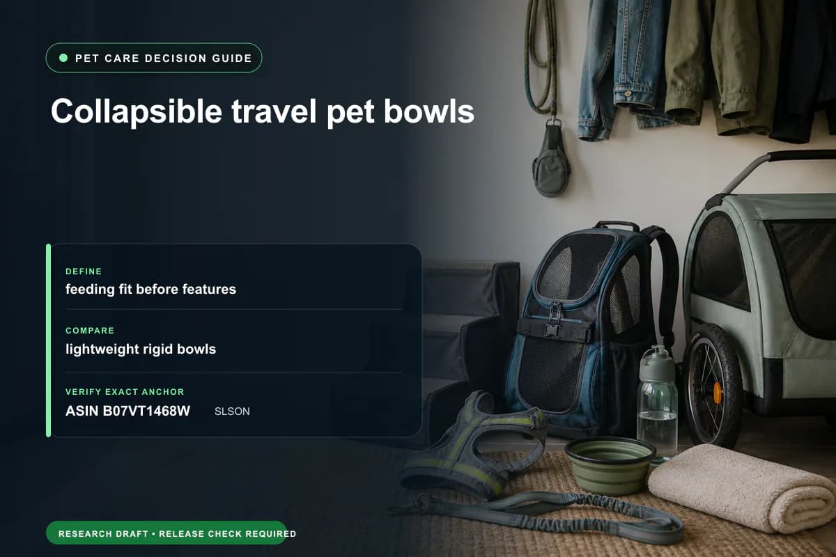 Editorial buying worksheet for collapsible travel pet bowls showing fit, compatibility, ownership checks, and the simpler alternative