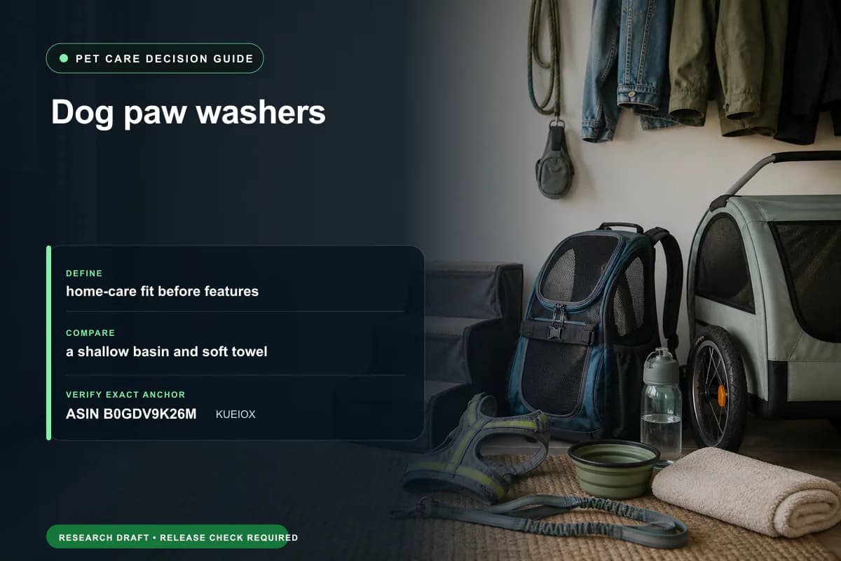 Editorial buying worksheet for dog paw washers showing fit, compatibility, ownership checks, and the simpler alternative