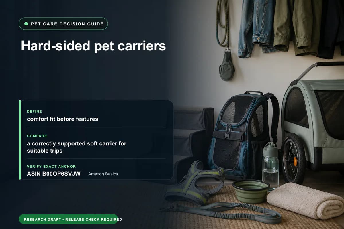 Editorial buying worksheet for hard-sided pet carriers showing fit, compatibility, ownership checks, and the simpler alternative