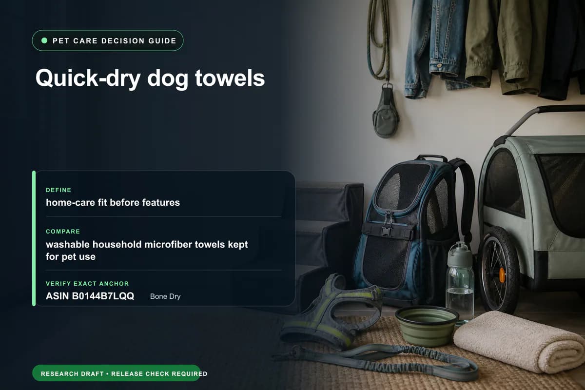 Editorial buying worksheet for quick-dry dog towels showing fit, compatibility, ownership checks, and the simpler alternative