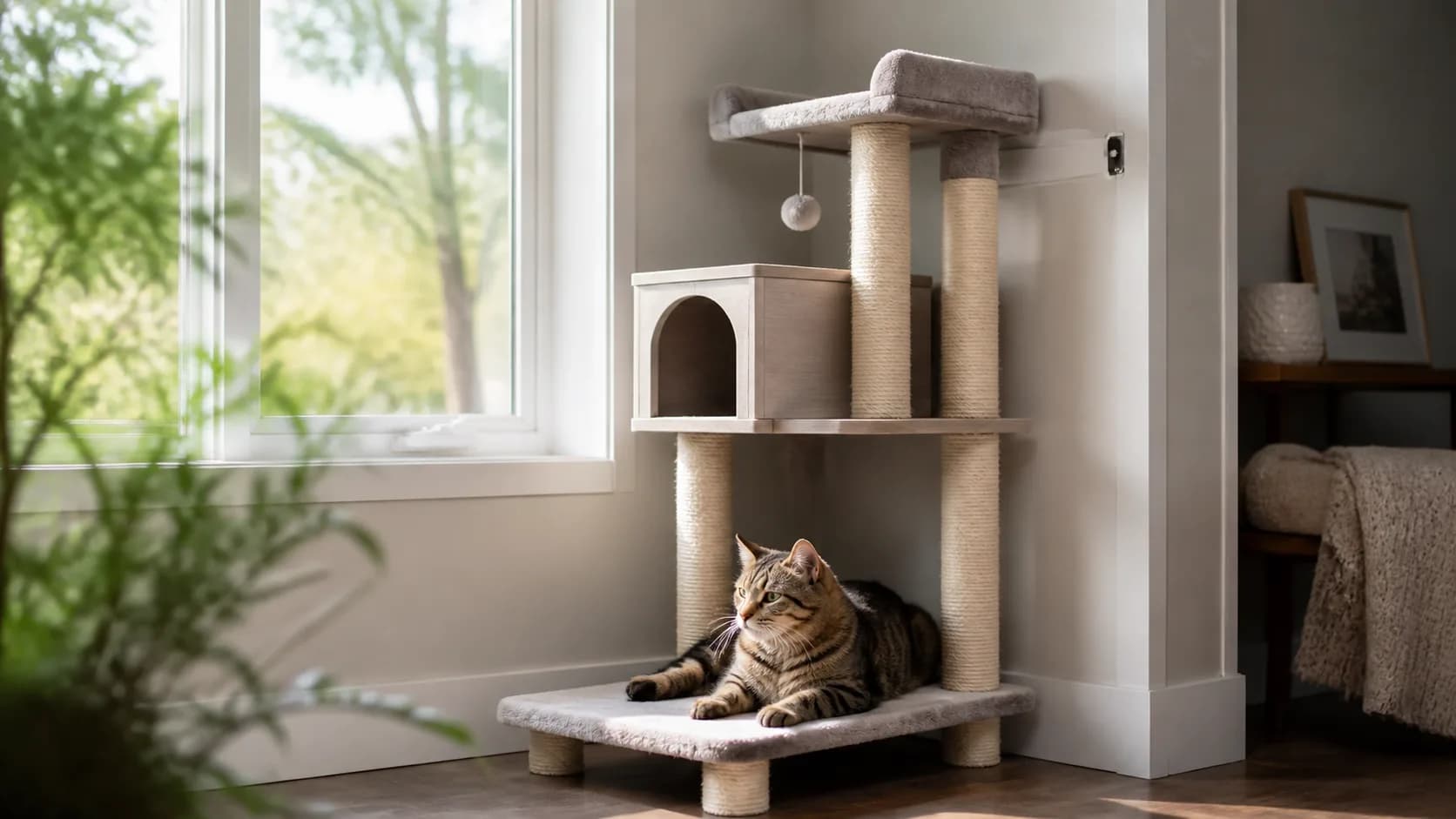 Editorial cat room scene representing a stable multi-level cat tree