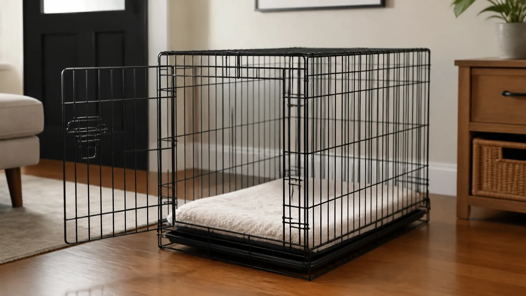 Editorial pet room scene representing a correctly sized folding wire dog crate
