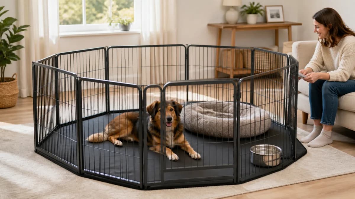 Editorial indoor dog exercise pen with metal panels, latched door, water bowl, bed, mat, and nearby adult supervision