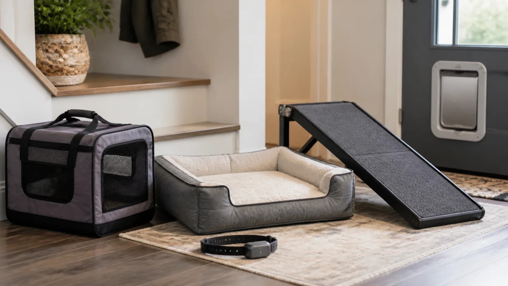 Original editorial scene with unbranded pet bedding, carrier, ramp, tracker, and door equipment