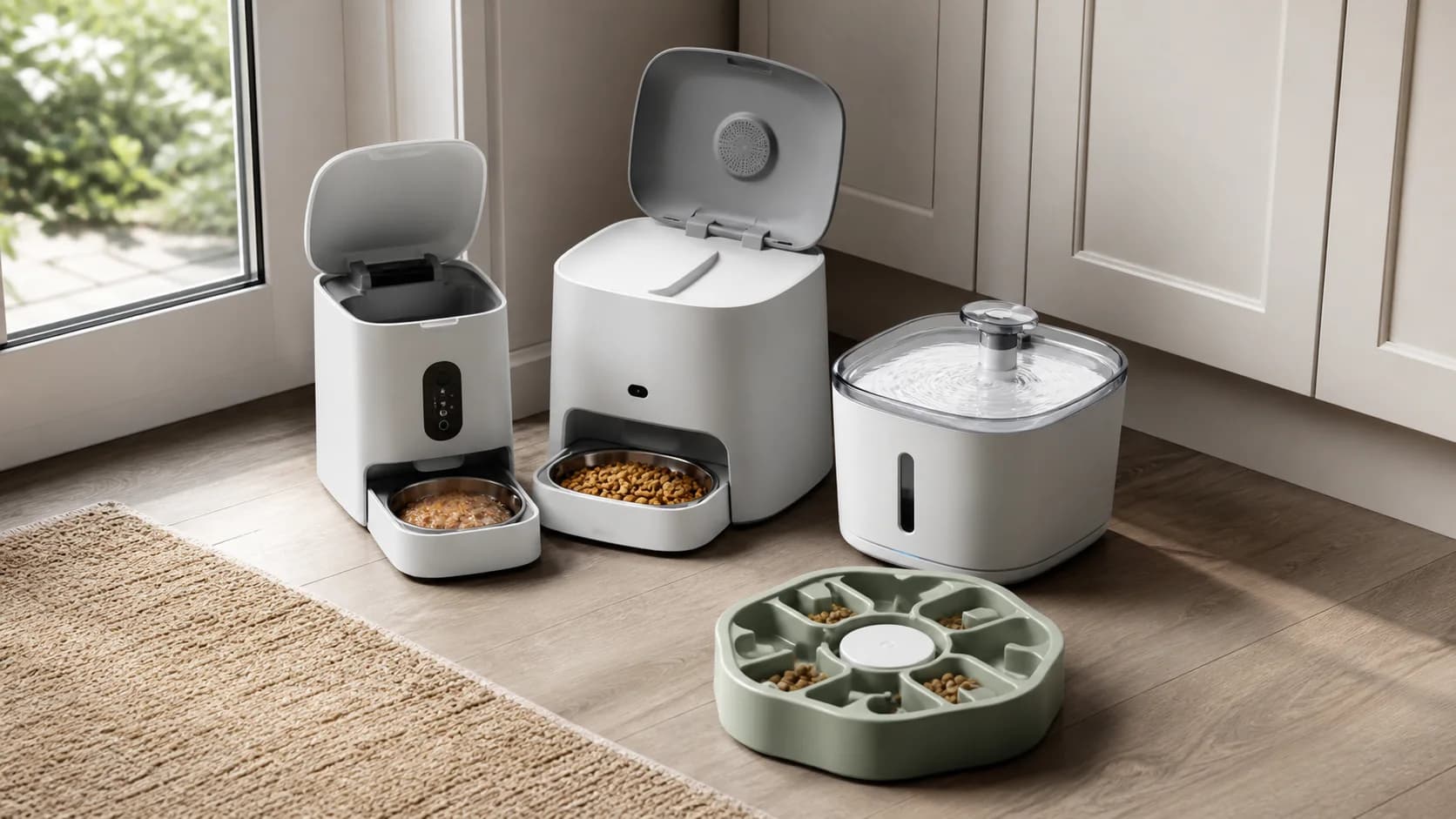 Original editorial scene with unbranded pet feeders, fountain, and enrichment equipment