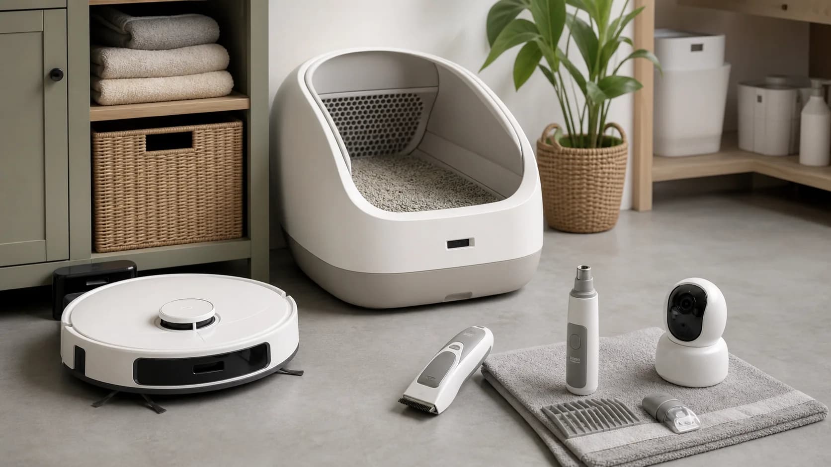Original editorial scene with unbranded pet cleaning, litter, grooming, and camera equipment
