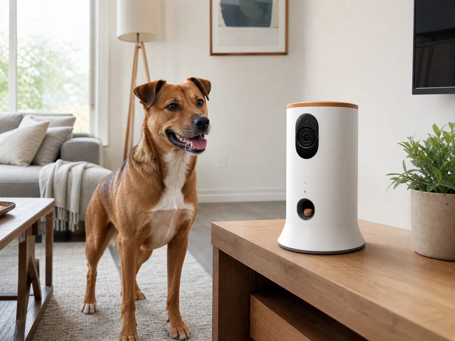 Pet camera positioned on a stable shelf with a clear view of a dog's resting area